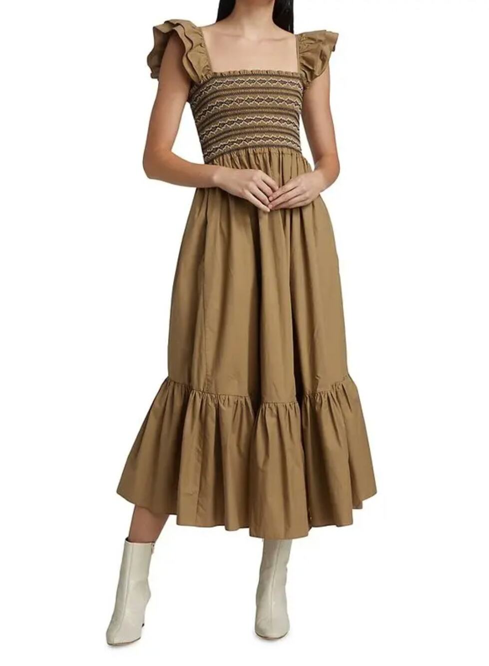 Cara Cara Khaki Ruby Smocked Ruffle Sleeve Tiered Maxi Dress Size Medium